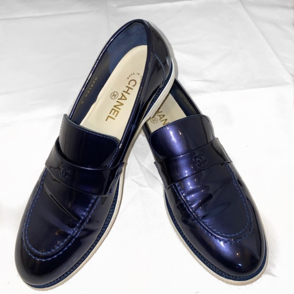 Authentic Chanel Metallic Blue Loafers